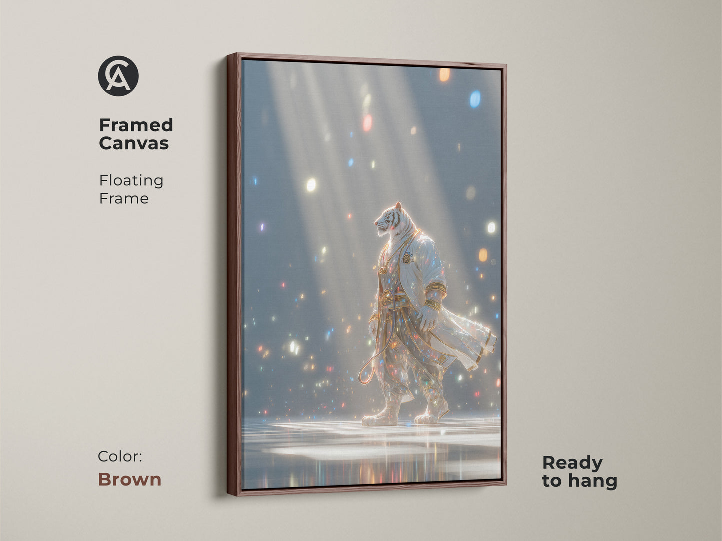 A framed canvas featuring a tiger in a robe. The floating frame is brown and the art is ready to hang. The artwork shows a tiger walking in a room full of lights. This unique piece is a great addition to any home.