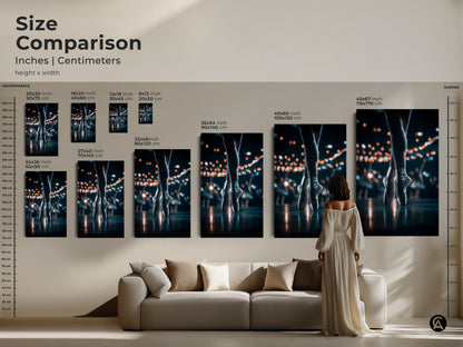 Compare sizes of ballerina feet art prints and canvas in inches and centimeters. Visualize the artwork in various dimensions. Find the ideal piece to enhance your home decor. Perfect for adding elegance and dance-inspired art.