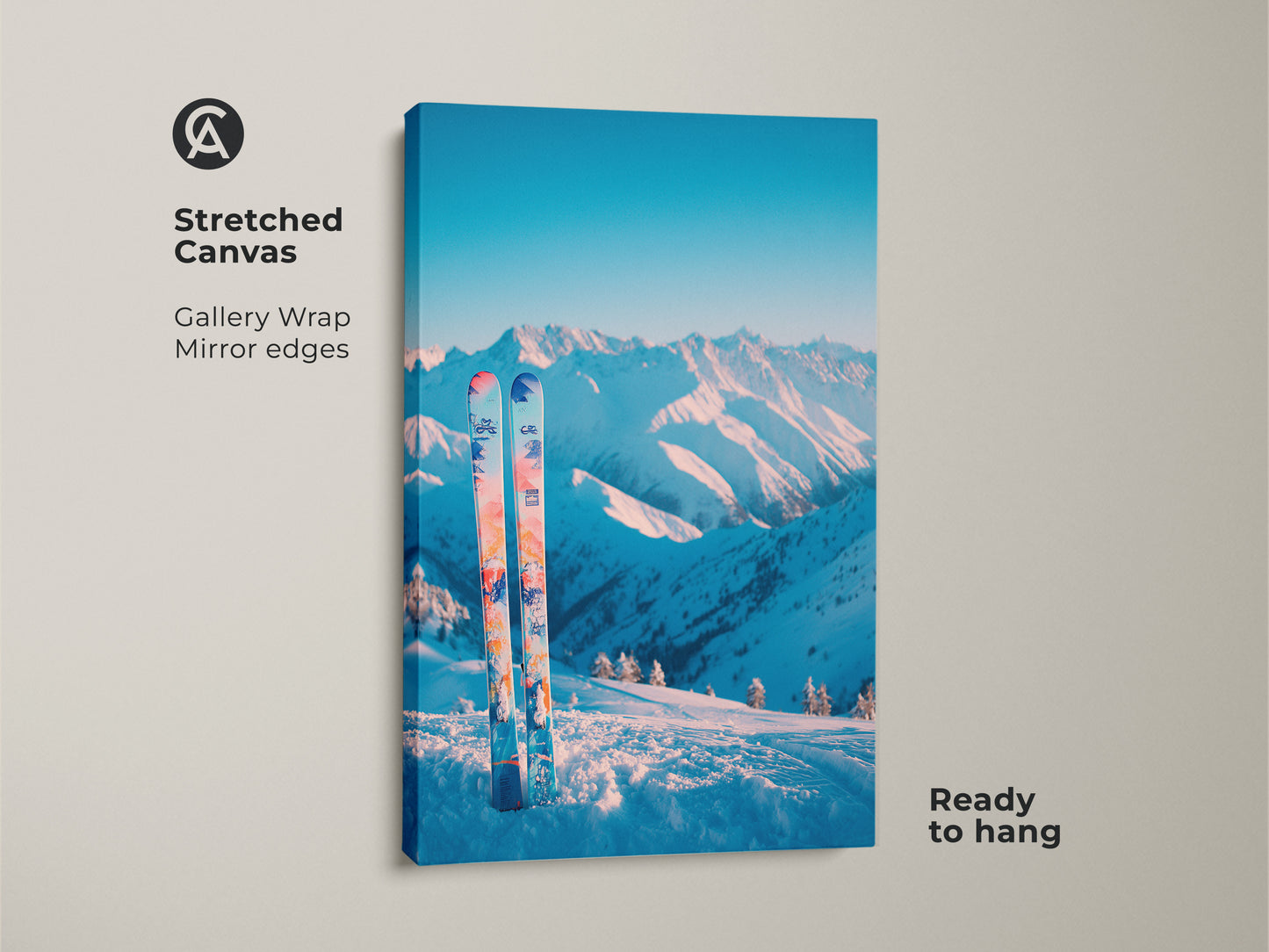 Stretched canvas print featuring a beautiful mountain range in winter. The art includes a pair of skis. The gallery wrap and mirrored edges give it a modern look. This canvas print is ready to hang and enjoy. Perfect wall decor for a cozy space.