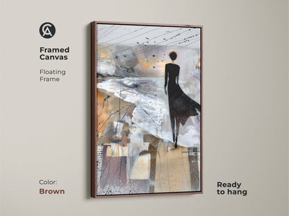 Brown framed canvas featuring an abstract art print in Brown White and Grey. It shows a woman with birds. This contemporary figurative landscape adds to bedroom art. It is ready to hang.