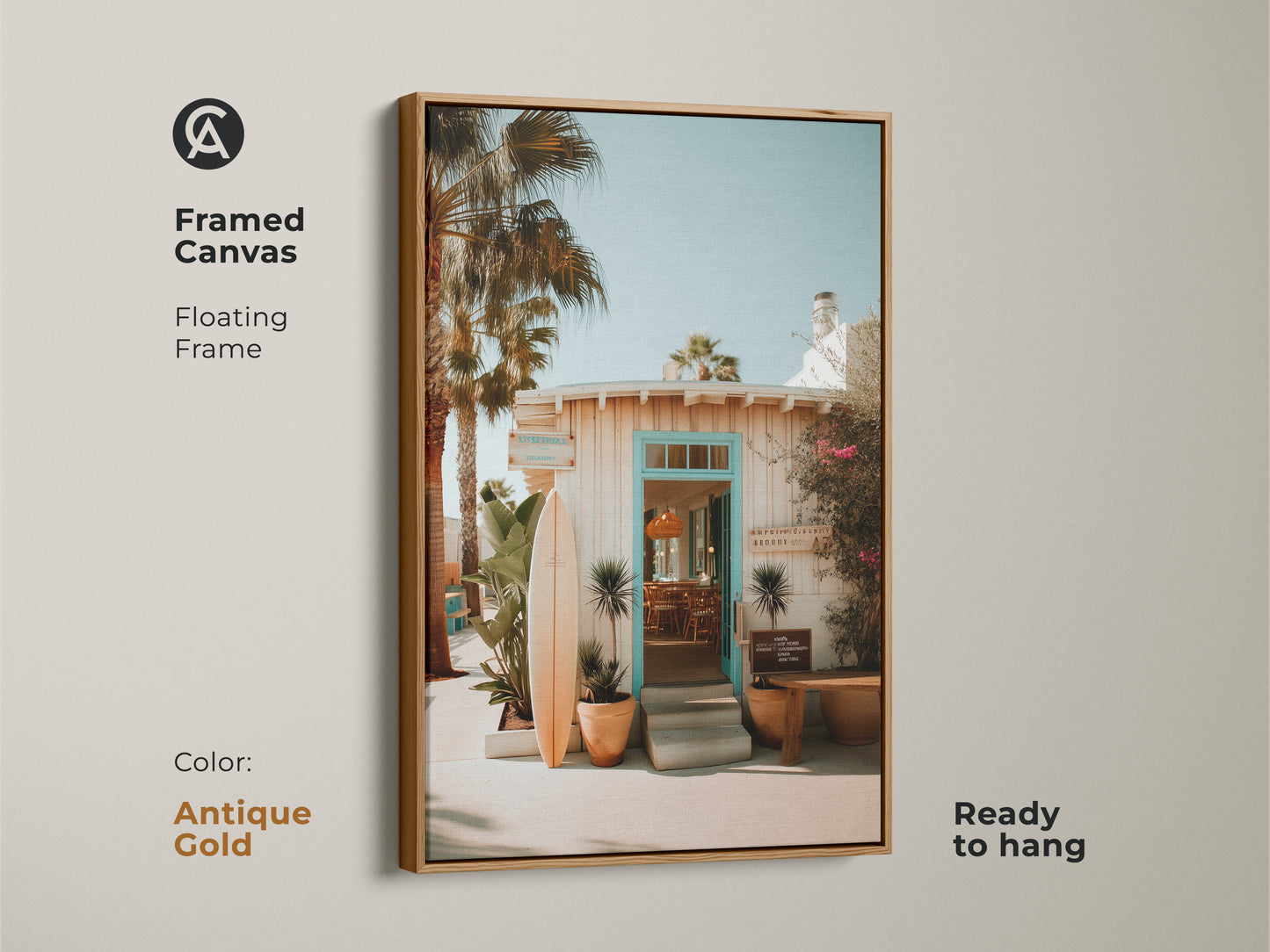 Framed canvas art with a floating antique gold frame featuring a beach resort entrance. A surfboard enhances the beachy vibe. Ready to hang for immediate enjoyment. The antique gold frame adds a touch of elegance to this art.