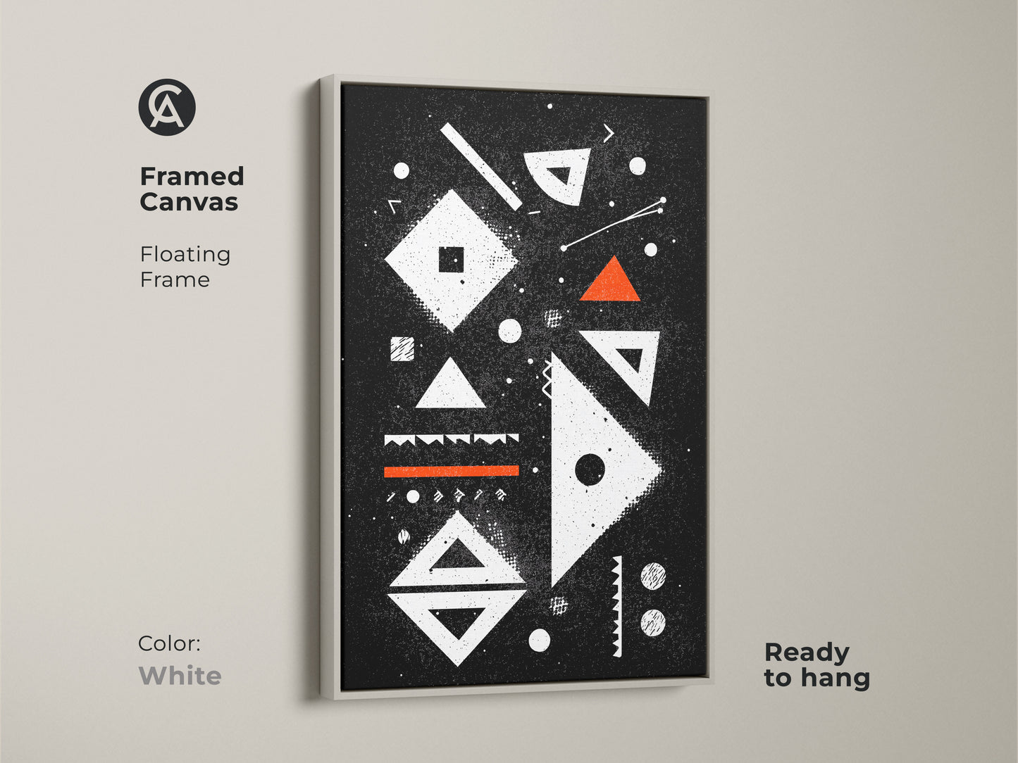 Framed canvas in white. Abstract geometric artwork with a floating frame offering a minimalist black white and orange canvas. This mid-century modern art print is perfect for adding a touch of sophistication to a studio or office space.
