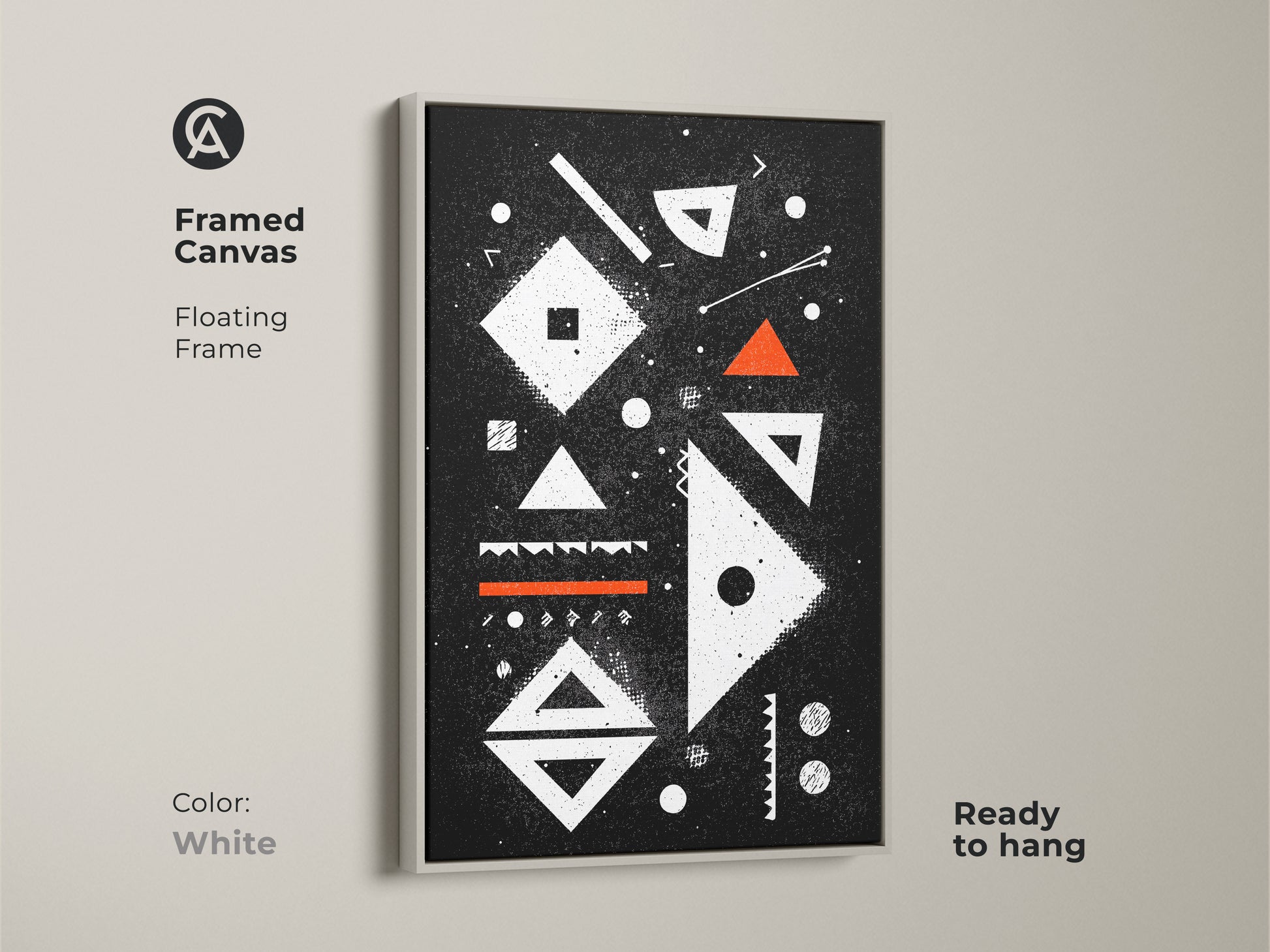 Framed canvas in white. Abstract geometric artwork with a floating frame offering a minimalist black white and orange canvas. This mid-century modern art print is perfect for adding a touch of sophistication to a studio or office space.