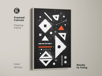 Framed canvas in white. Abstract geometric artwork with a floating frame offering a minimalist black white and orange canvas. This mid-century modern art print is perfect for adding a touch of sophistication to a studio or office space.