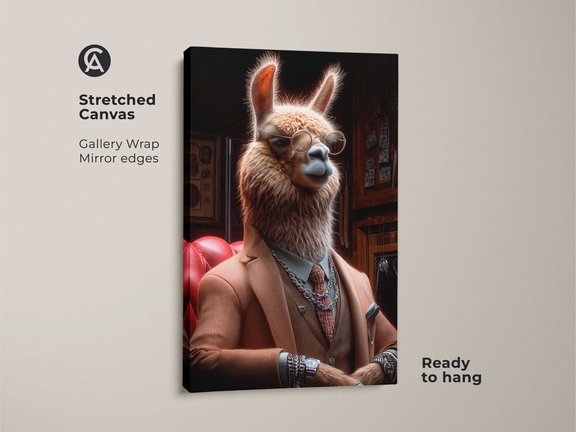 Stretched canvas print of a llama gentleman. Ready to hang in your office or home. Features gallery wrapped edges for a clean look. This animal portrait adds sophistication to any space. A unique birthday gift.