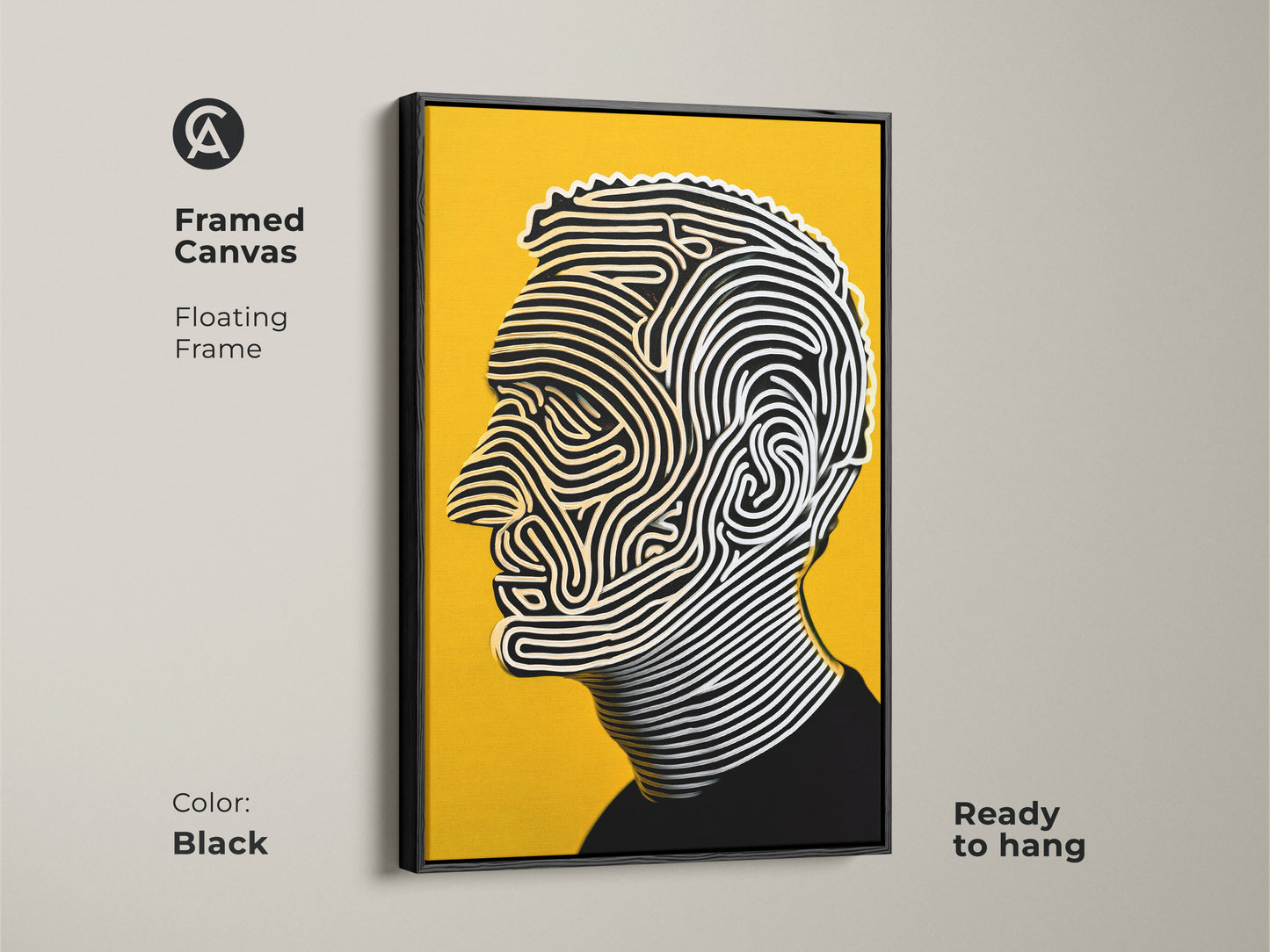 Framed canvas portrait artwork with a floating black frame. The artwork features a man's profile. It is composed of flowing lines against a yellow backdrop. Ready to hang this artwork enhances any space with modern art. Its sleek black frame adds sophistication.