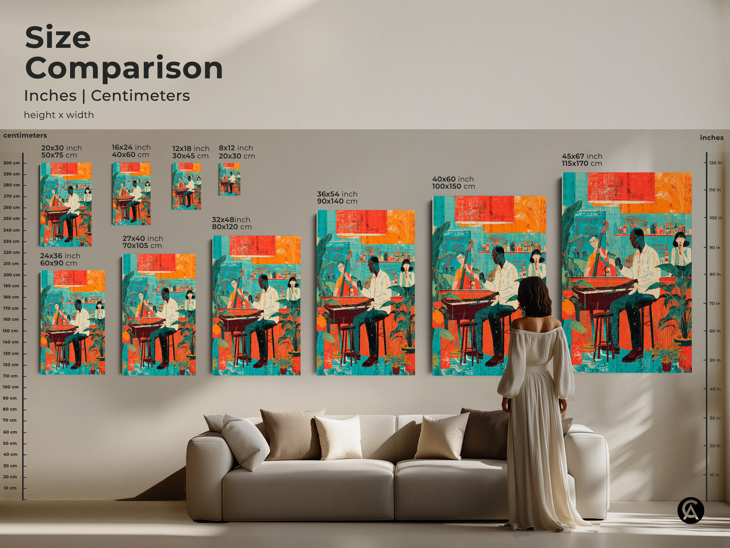 Size comparison of the jazz band art print in inches and centimeters. The retro teal red and orange artwork is shown in various sizes above a sofa. Eclectic home bar wall art.