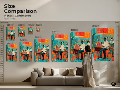 Size comparison of the jazz band art print in inches and centimeters. The retro teal red and orange artwork is shown in various sizes above a sofa. Eclectic home bar wall art.
