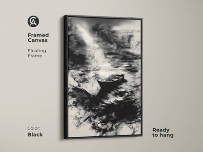 Framed canvas featuring an abstract seascape with a solitary boat in black. This monochrome artwork is ready to hang. The floating frame enhances this modern minimalist wall decor. Ideal for bedroom wall art the black and white ocean art adds a touch of sophistication. A great gift for art lovers.