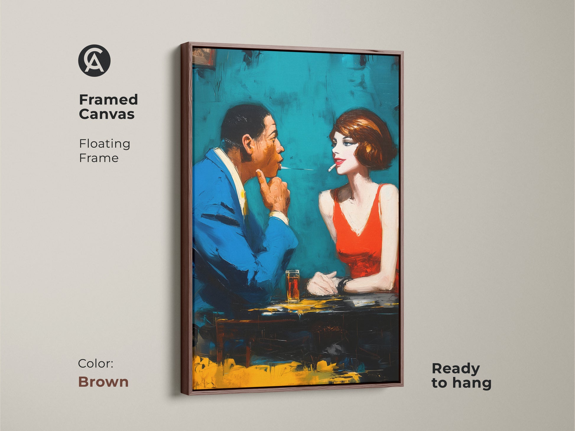 Enhance your home decor with this framed canvas. The floating frame adds a touch of sophistication. The artwork captures a stylish man and woman. They are sharing a cigarette. The brown frame complements the artwork. It is ready to hang. Elevate your space with this elegant art piece.