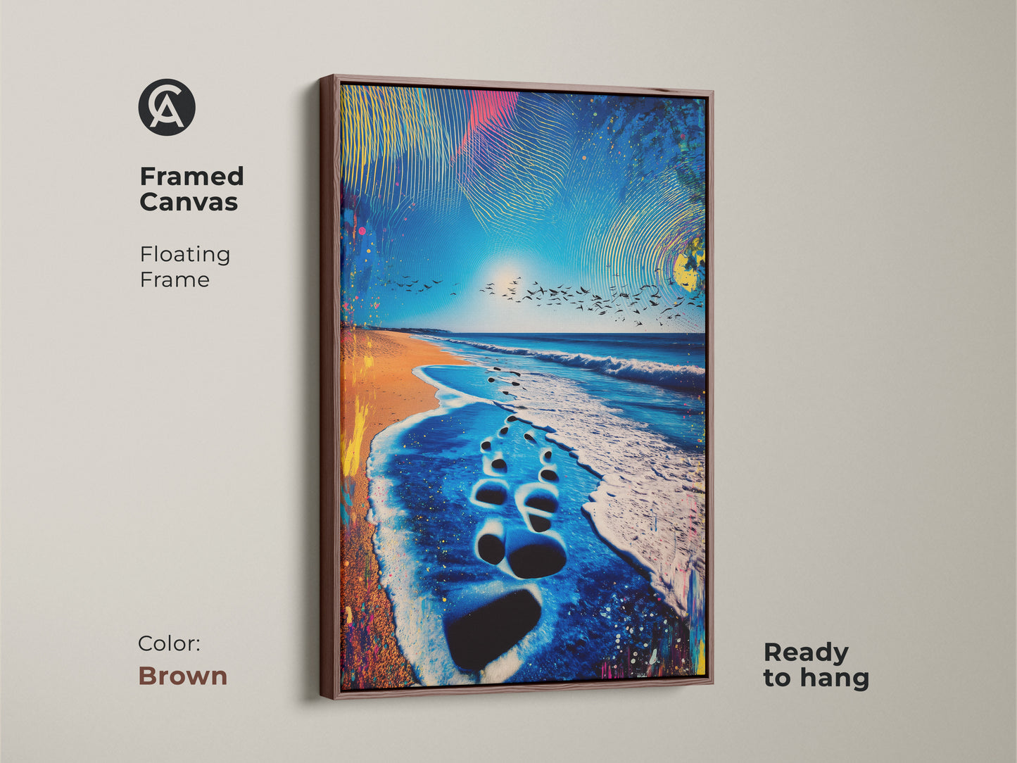 Framed abstract beach art has a brown floating frame and captures ocean footprints on canvas. The coastal wall decor showcases a turquoise sky and birds. Add summer beach artwork to enhance your home's eclectic aesthetic.