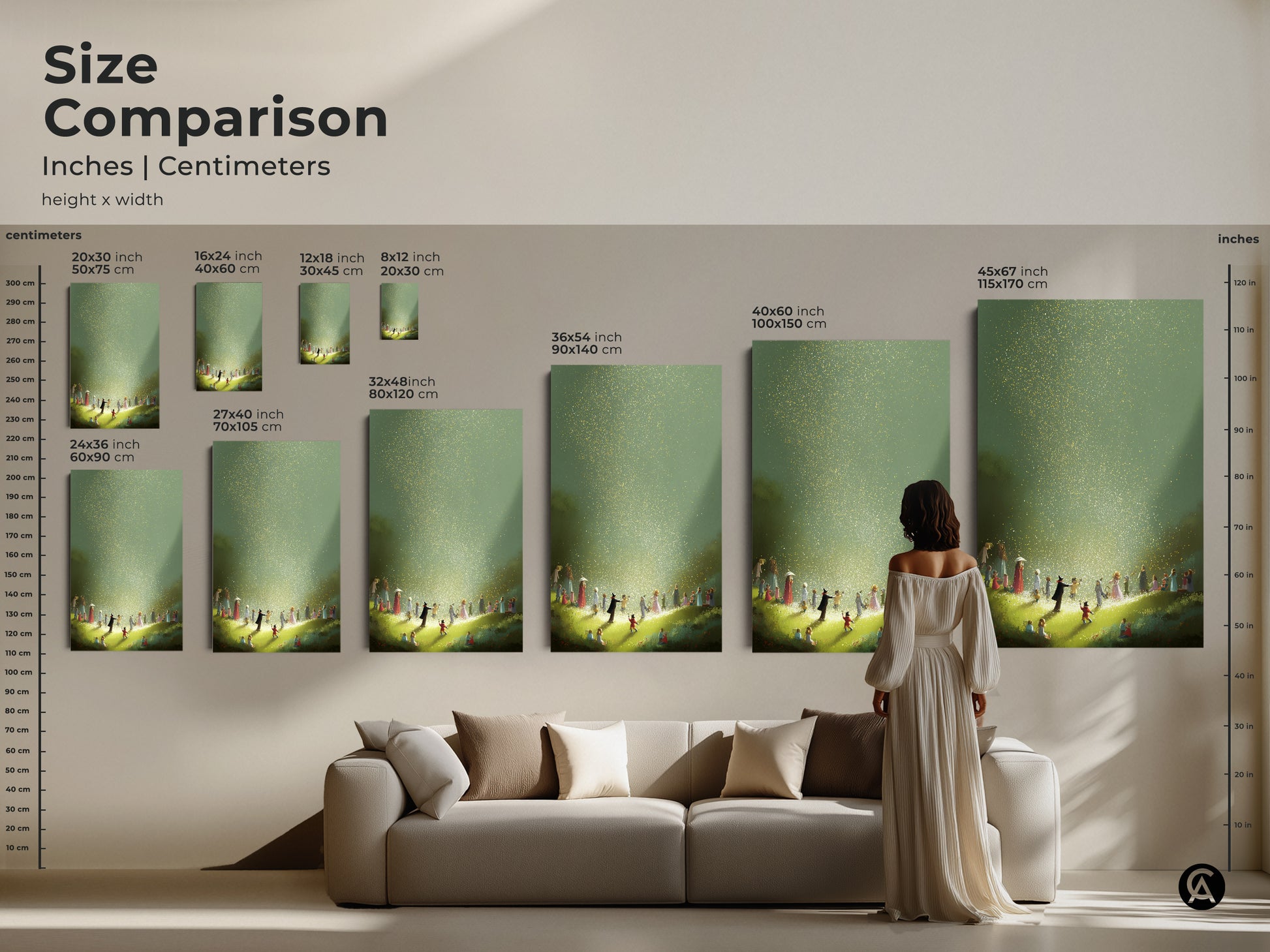 Size comparison of fantasy art prints ranging from small to large. See how this whimsical children art featuring a magical light scene in gold and green tones looks in various sizes. Perfect for adding an eclectic touch to your home decor this art print brings a sense of childhood wonder.
