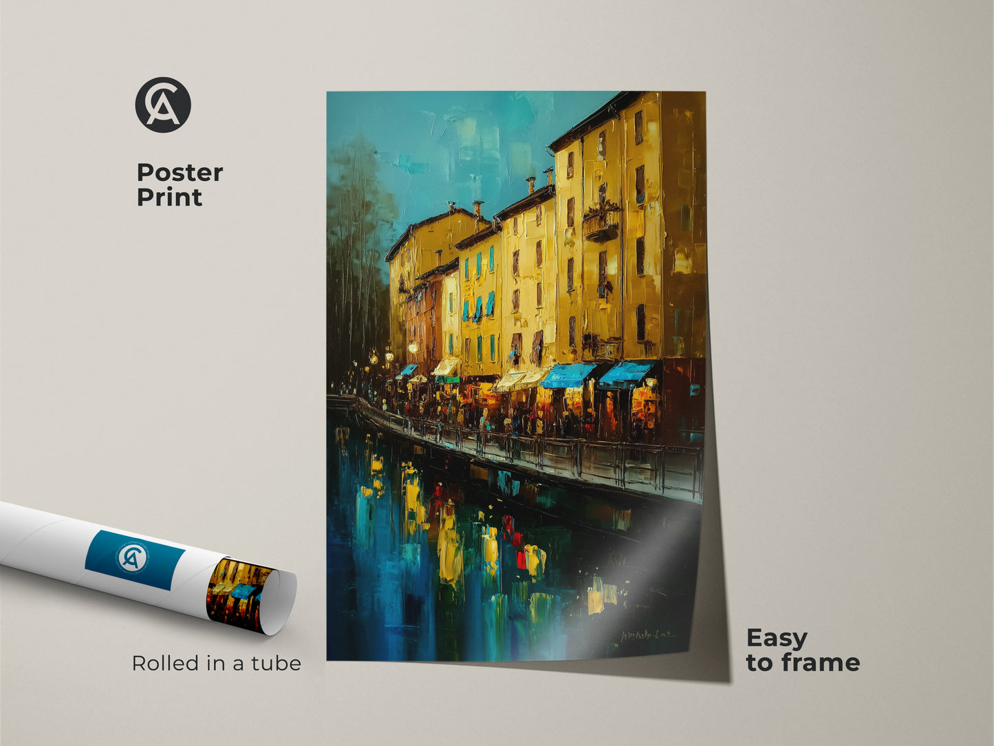 Poster Print of an Italian Canal Scene. The artwork is rolled in a tube for easy framing. It displays buildings in yellow ochre and deep blue. The impressionistic waterfront painting adds a touch of European flair to any wall.