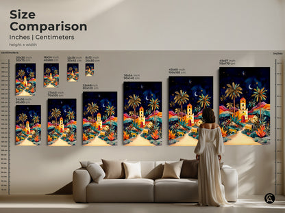 Size comparison showcasing various dimensions of the canvas prints. A woman is standing to show scale of this folklore night sky art print with cheetahs palm trees. See how this colorful landscape looks above a couch. Choose the perfect size for your boho home decor. A unique wall decor gift idea.