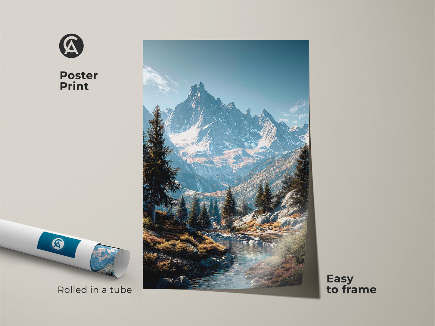 Poster print featuring a stunning mountain landscape. The artwork captures snow capped mountains and a flowing river. Evergreen trees line the landscape. Easy to frame for custom wall decor. Rolled in a tube for safe shipping. Buy mountain art prints now.