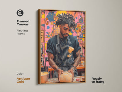A framed canvas displays a baker kneading dough artwork with an antique gold floating frame. The contemporary pop art piece adds elegance to a kitchen. The abstract food canvas features vibrant orange yellow and pink tones. It is ready to hang for display.