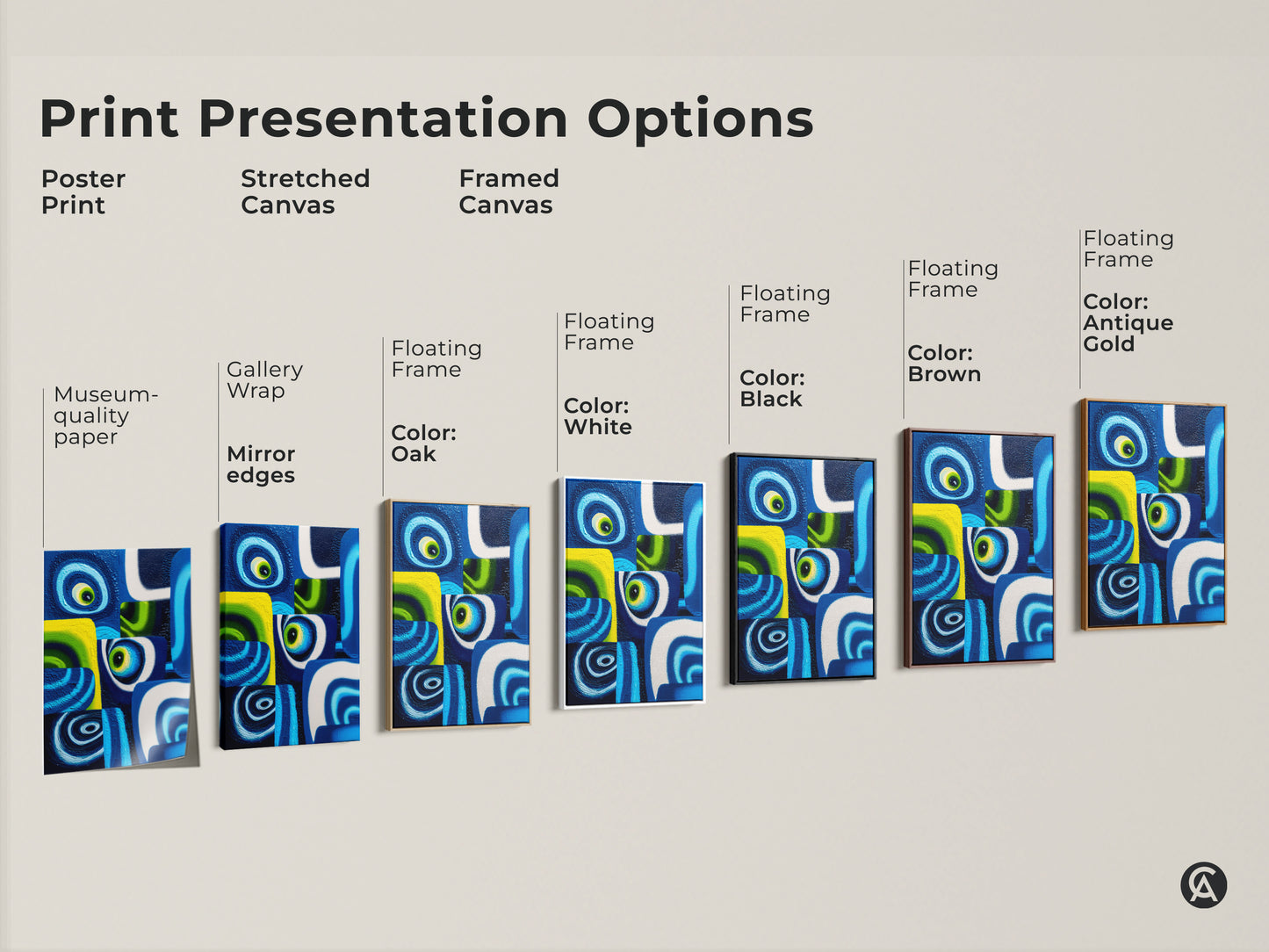 Explore print presentation options for our abstract art. Choose from poster print stretched canvas or framed canvas. Personalize your art with floating frame color options like oak white black brown and antique gold. Find the perfect abstract swirls to complement your modern space.