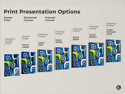 Explore print presentation options for our abstract art. Choose from poster print stretched canvas or framed canvas. Personalize your art with floating frame color options like oak white black brown and antique gold. Find the perfect abstract swirls to complement your modern space.