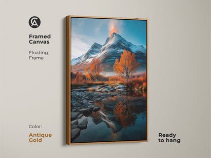 Framed canvas featuring a snow capped volcano and mountain landscape with autumn trees. Antique gold floating frame adds a touch of elegance. Ready to hang and perfect for lodge-style interiors. River reflection artwork is a great housewarming gift. Ideal for a rustic home.