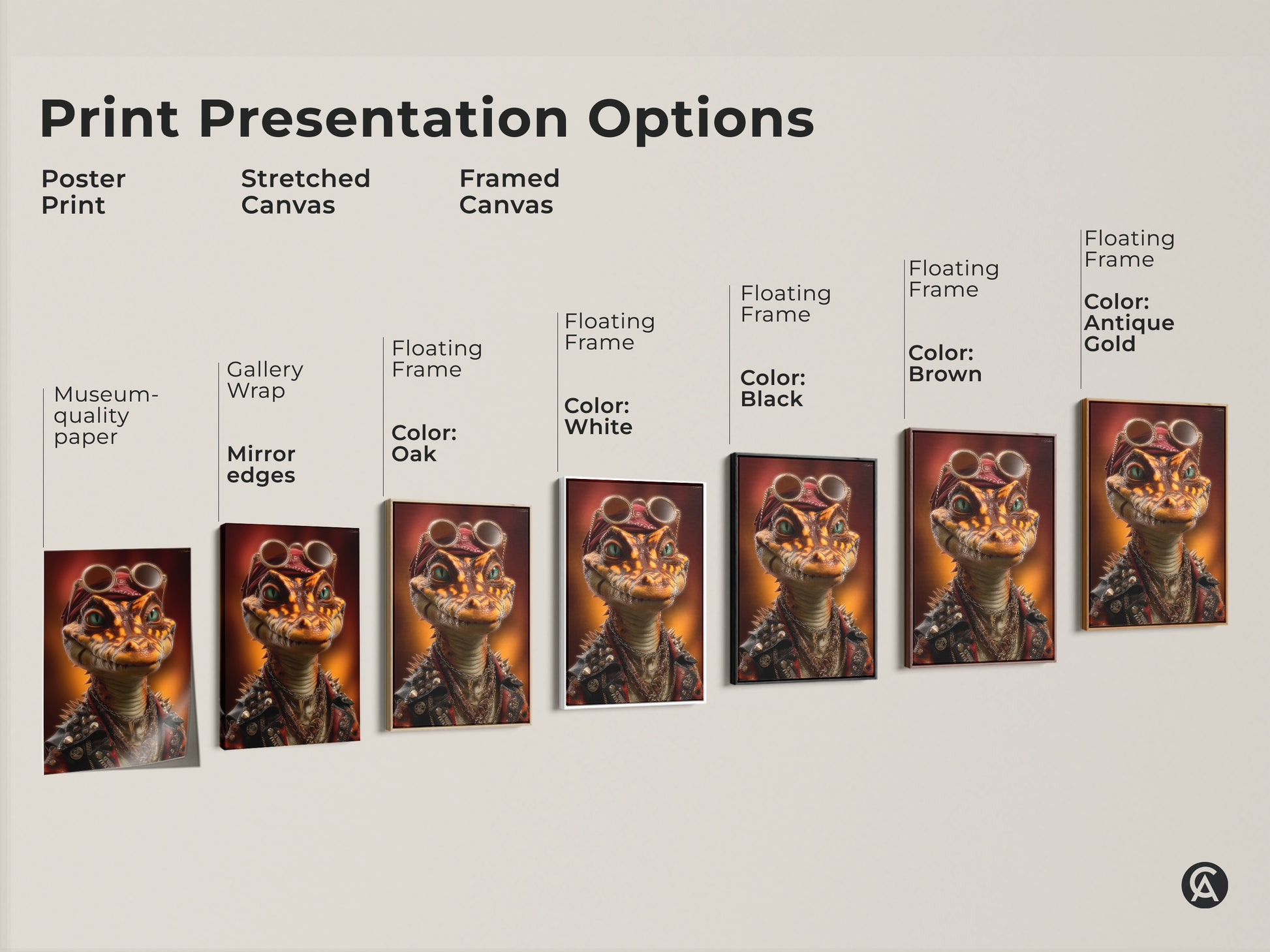 Print presentation options showing poster prints stretched canvas and framed canvas. The rockstar reptile artwork features a steampunk alligator with sunglasses. Find the perfect cool animal artwork for your eclectic home wall art. Great gift for music fans and collectors of unique reptile prints.