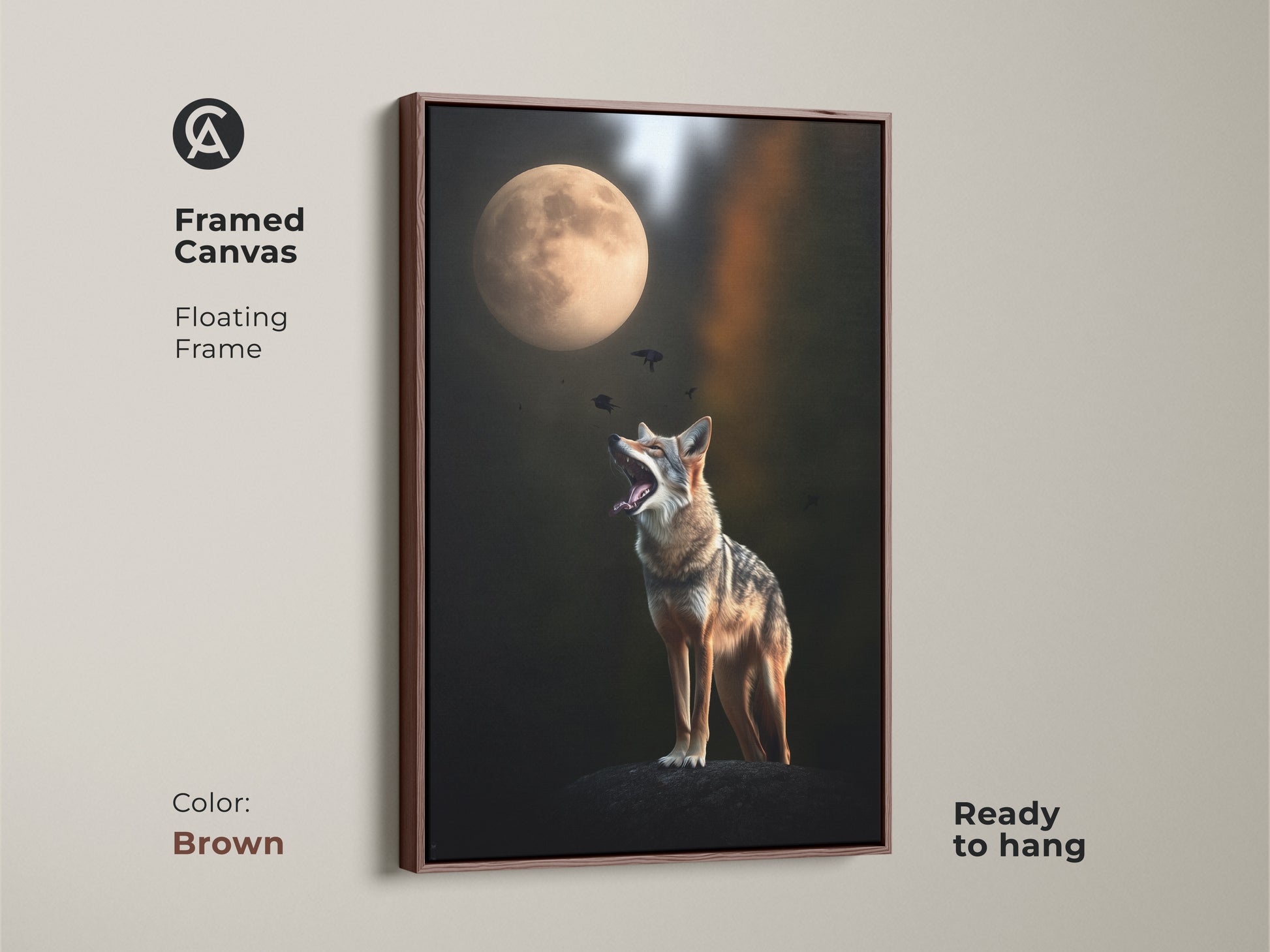 Framed canvas featuring a coyote howling at the moon. This surreal animal art print is set in a brown floating frame. It creates a warm nature inspired focal point. Ideal as a housewarming gift or for eclectic home decor. The night sky animal art is captivating.