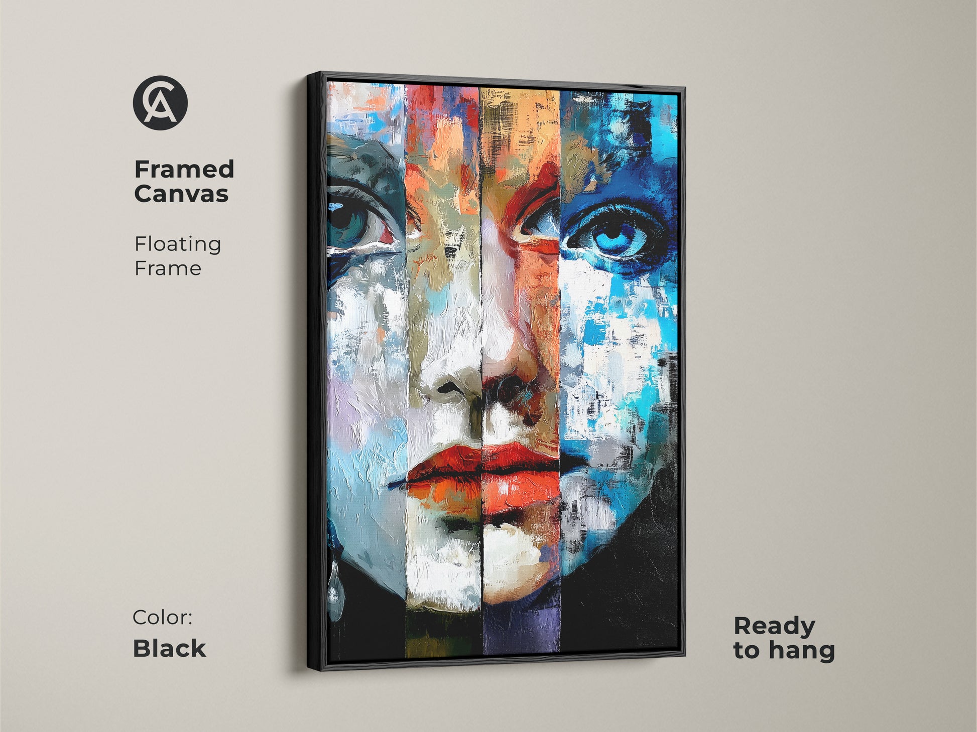 Black Framed Canvas of an abstract woman's face rendered in Expressionist style. This floating frame enhances the blue red and orange hues. Ready to hang this eclectic home decor art brings artistic flair to office spaces.