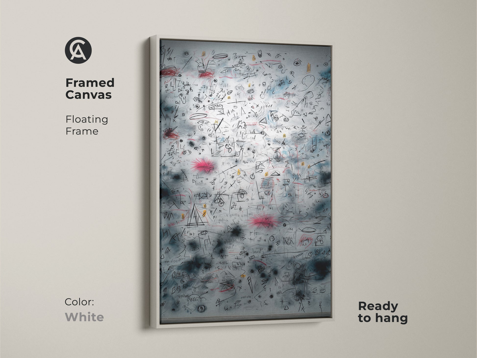 Framed canvas art with a floating frame in white. This ready-to-hang piece features intricate sketches and symbols. The white frame offers a clean modern aesthetic. Ideal for minimalist or contemporary spaces. The floating frame style gives the artwork a distinct elevated look. Bring a touch of modern art to your home.