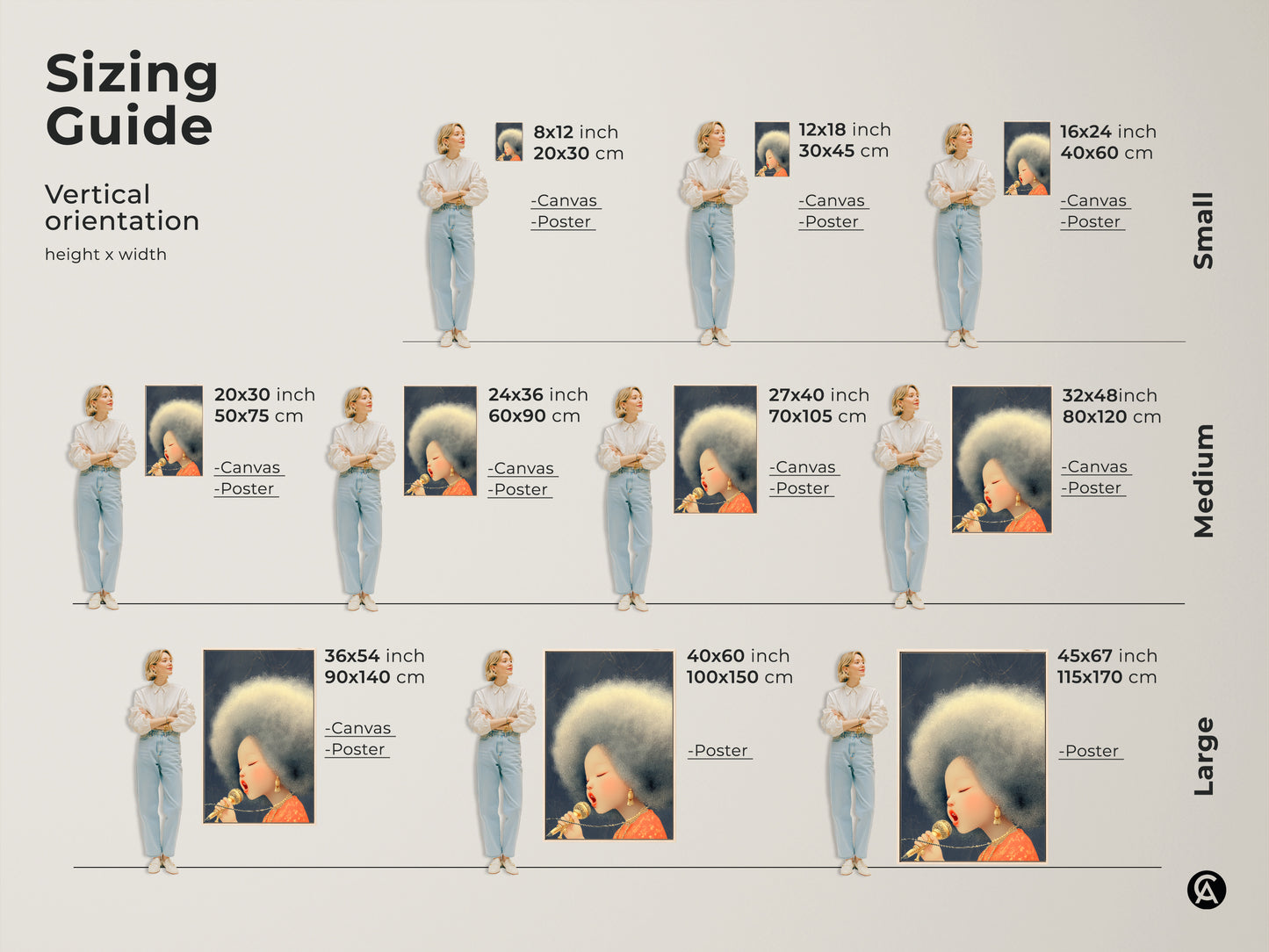 View our sizing guide for the Afro Singer canvas art. Select from small to large sizes. Available as both canvas and poster prints. Find the ideal fit for your eclectic music lover gift. Vertical orientation options are available.