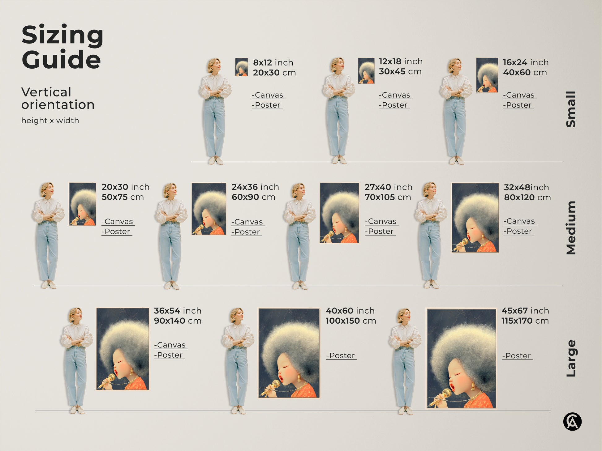 View our sizing guide for the Afro Singer canvas art. Select from small to large sizes. Available as both canvas and poster prints. Find the ideal fit for your eclectic music lover gift. Vertical orientation options are available.