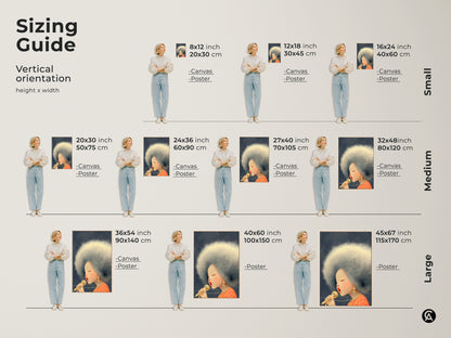 View our sizing guide for the Afro Singer canvas art. Select from small to large sizes. Available as both canvas and poster prints. Find the ideal fit for your eclectic music lover gift. Vertical orientation options are available.