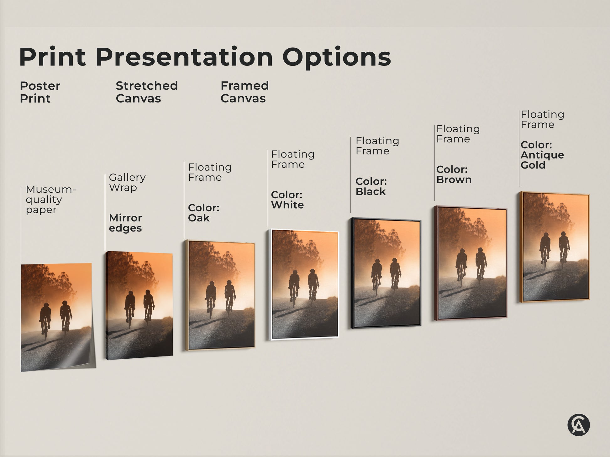 Explore print presentation options for road cyclist artwork. Choose from poster prints stretched canvas or framed canvas. Each features a warm amber sunset landscape for modern sport art.