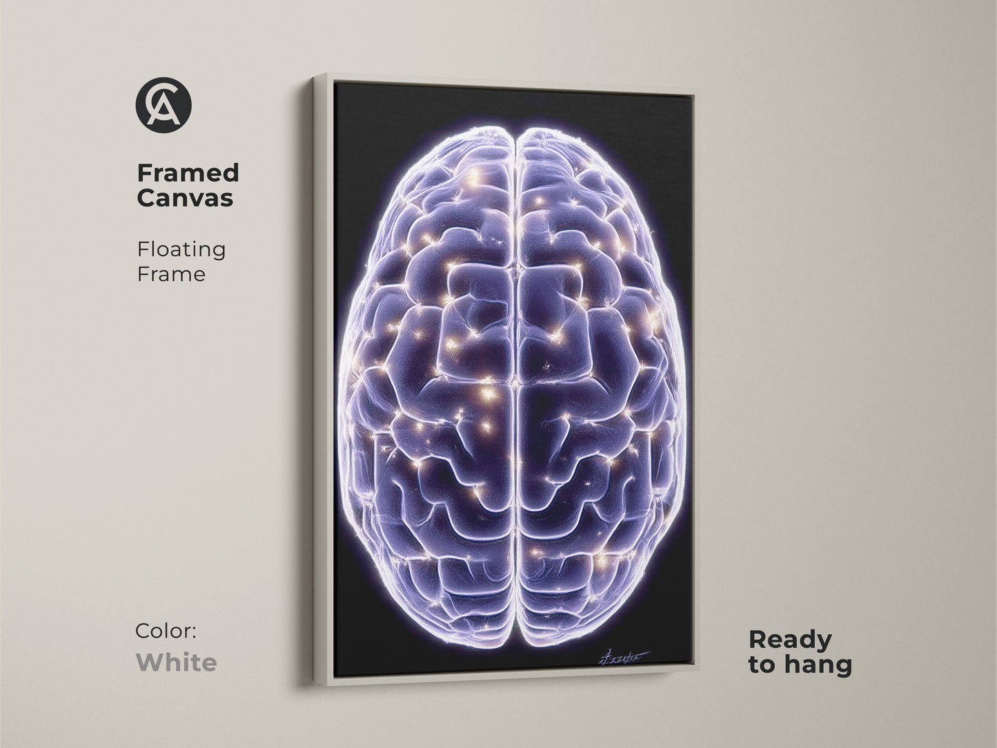 White framed canvas featuring Science Brain art. A purple and blue abstract neuron canvas wall art print. This modern neuroscience art is a thoughtful office decor gift for science enthusiasts.
