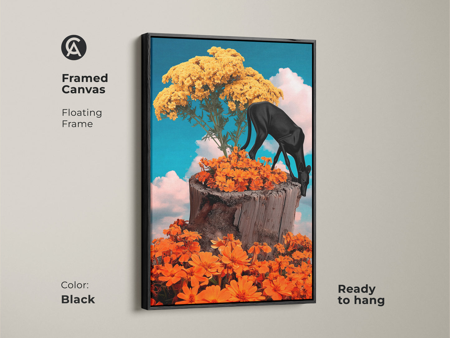 Framed canvas art featuring a surreal black panther. It features a fantasy nature collage. The eclectic floral wall decor includes vibrant orange flowers and a yellow tree. This unique wall hanging is ready to hang. Black floating frame adds a modern touch.