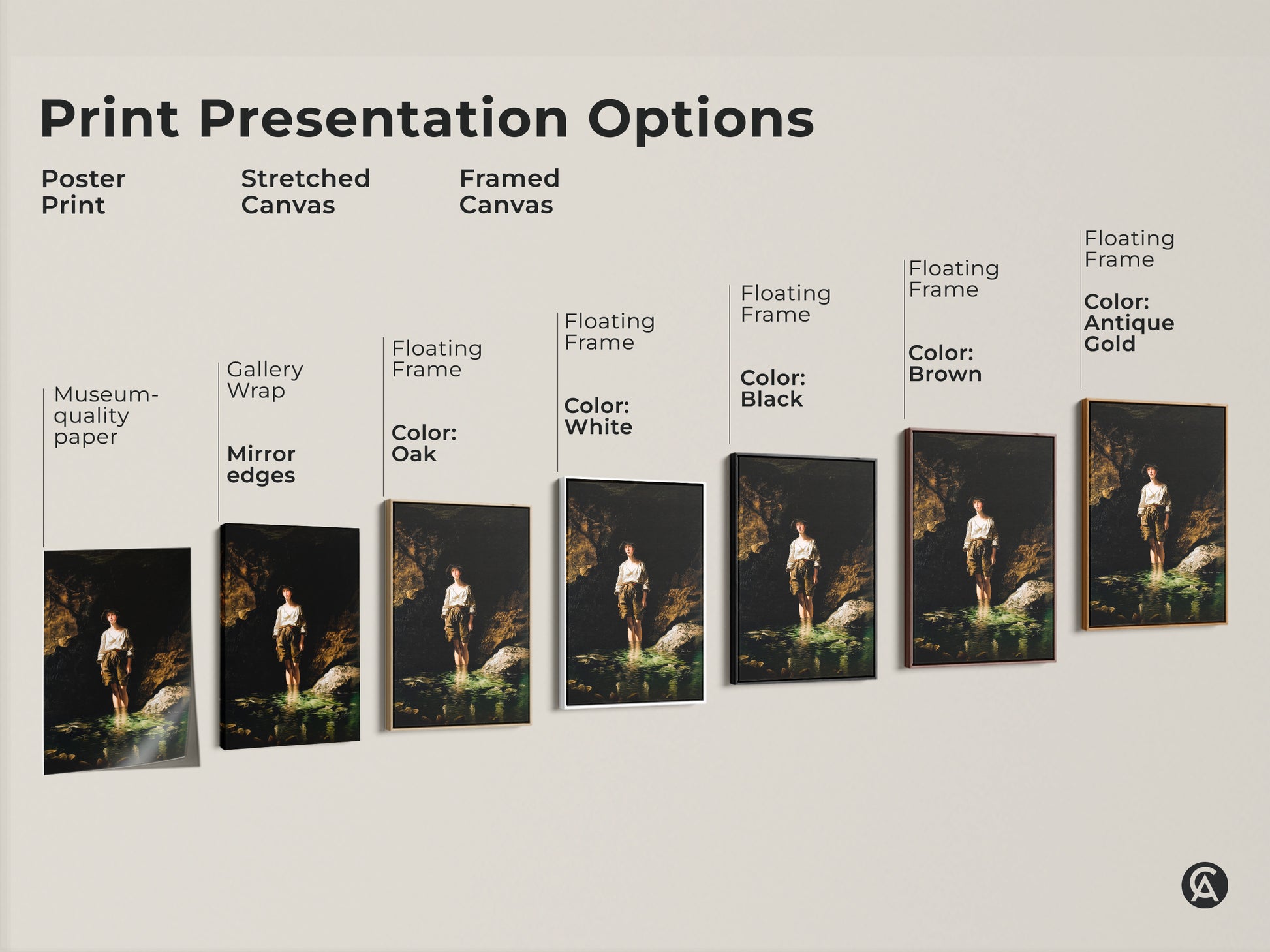 Explore print presentation options with this classical realism art. See poster prints stretched canvases and framed artwork. Find the perfect style to showcase this boy in river landscape. Choose what complements your space.