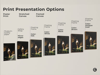 Explore print presentation options with this classical realism art. See poster prints stretched canvases and framed artwork. Find the perfect style to showcase this boy in river landscape. Choose what complements your space.