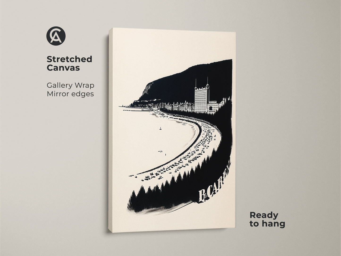 Stretched canvas gallery wrap print of a vintage coastal town. Black and white beach art. Ready to hang. Seaside landscape wall art is perfect coastal bedroom wall art.