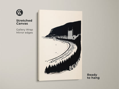 Stretched canvas gallery wrap print of a vintage coastal town. Black and white beach art. Ready to hang. Seaside landscape wall art is perfect coastal bedroom wall art.