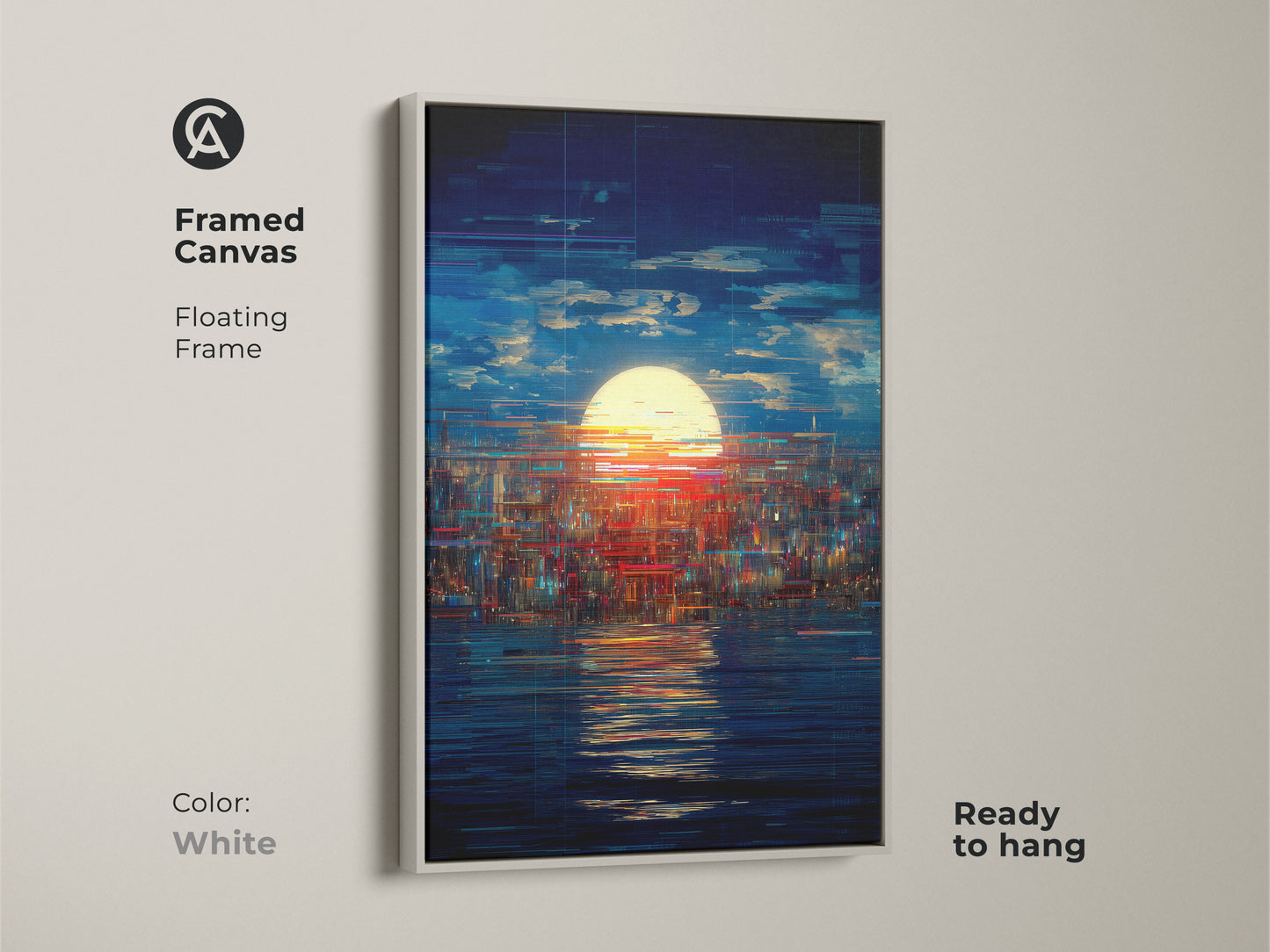 White framed canvas displays a glitch art cityscape. Abstract sunset wall art blends blue yellow and red colors. This modern piece adds a contemporary touch. Floating frame is ready to hang.