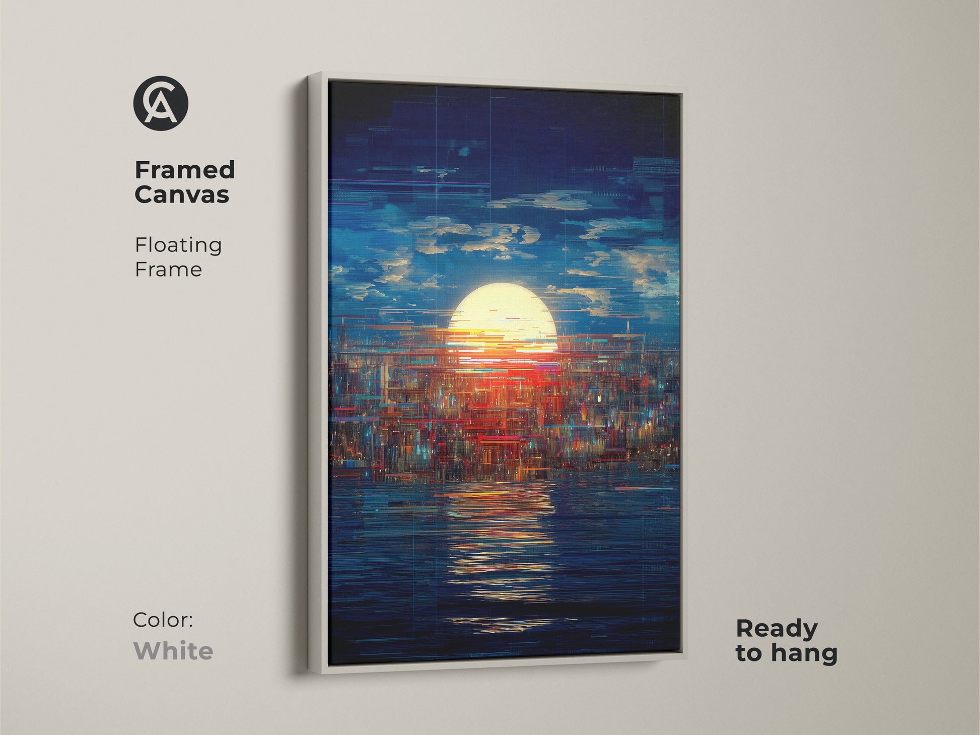 White framed canvas displays a glitch art cityscape. Abstract sunset wall art blends blue yellow and red colors. This modern piece adds a contemporary touch. Floating frame is ready to hang.