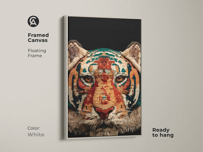 Framed canvas features abstract tiger face art with a white floating frame. This ready to hang geometric wildlife print offers a clean look. The orange gold and teal tones create a striking decor piece.