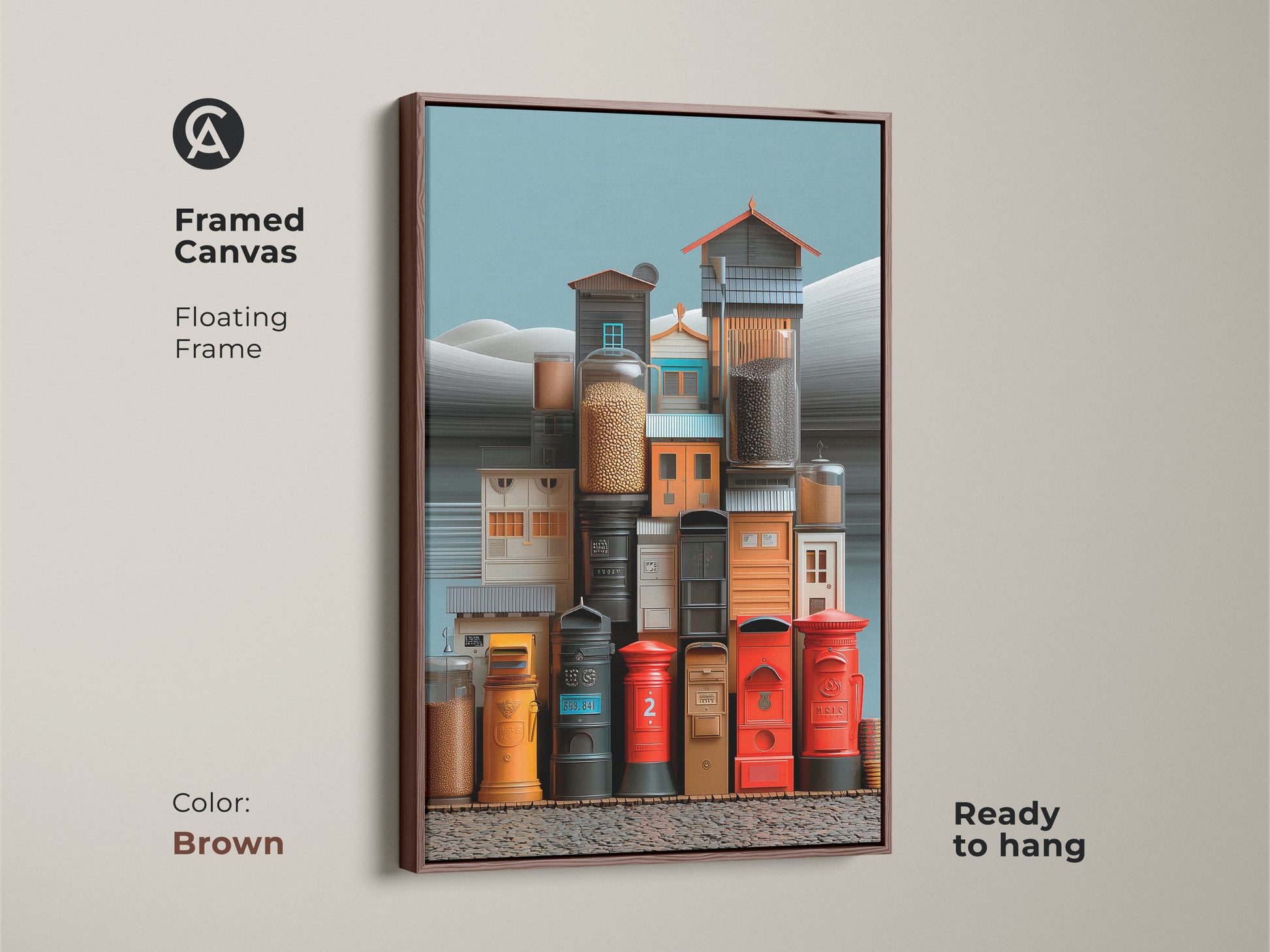 Framed canvas in a floating frame showcasing a surreal urban scene. This artwork features vibrant post boxes and jars in red yellow and teal. The brown frame complements the eclectic style. Ready to hang this print is a unique housewarming gift for art collectors.