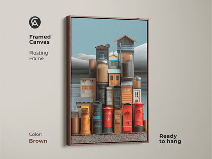 Framed canvas in a floating frame showcasing a surreal urban scene. This artwork features vibrant post boxes and jars in red yellow and teal. The brown frame complements the eclectic style. Ready to hang this print is a unique housewarming gift for art collectors.