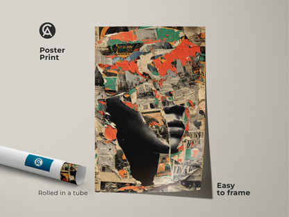 Poster Print of Abstract Collage Art. This urban deconstructivist cityscape is rolled in a tube. It is easy to frame. The artwork features red black and green tones. A modern art piece.