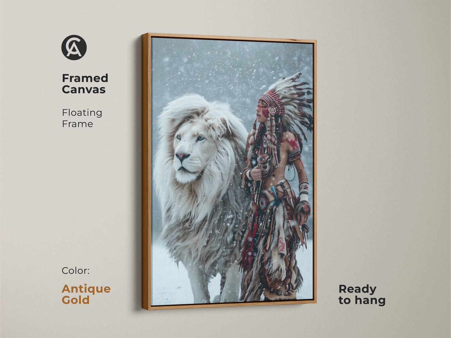 Discover the Majestic Harmony framed canvas. An antique gold floating frame surrounds the Native American figure and white lion. This artwork is ready to hang. It brings a touch of elegance to your decor. A truly unique piece.