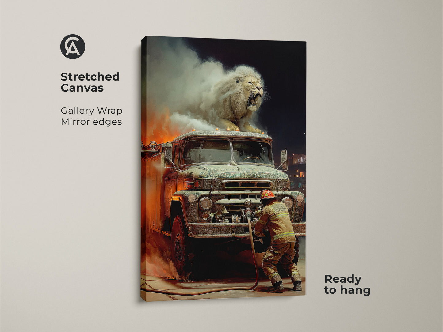 Stretched canvas art featuring a surreal lion on a vintage fire truck. This fantasy animal artwork has mirror edges. Ready to hang. A firefighter puts out flames in this action packed art. Great for eclectic home decor or as a gift for lion lovers.