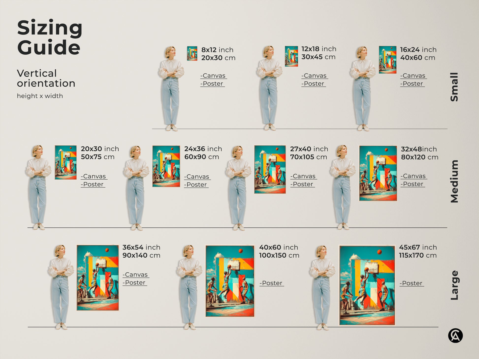 Discover the perfect size for your graffiti basketball art. Available as canvas or poster in sizes from small to large. This sizing guide helps visualize how the artwork fits in your space. Ideal for adding urban flair to your home or man cave decor.