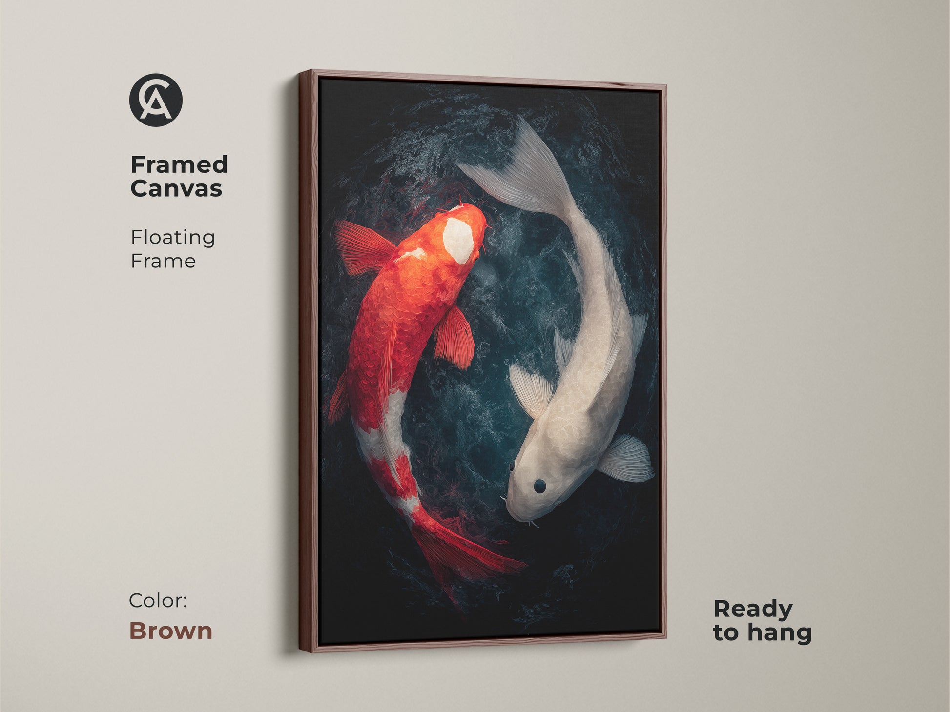 The framed canvas displays two koi fish in a yin and yang position. A brown floating frame enhances this wall art. The ready to hang red and white koi fish artwork is eye-catching.