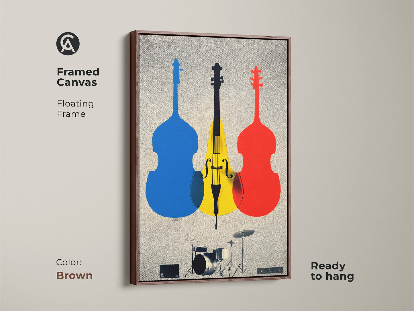 Framed canvas with brown floating frame showing cello artwork. The abstract instrument art is perfect for music lovers. This modern wall hanging features a drum set and cello. The unique cello graphic art in blue yellow and red brings vibrancy to your walls. Gift it to musicians or jazz enthusiasts.