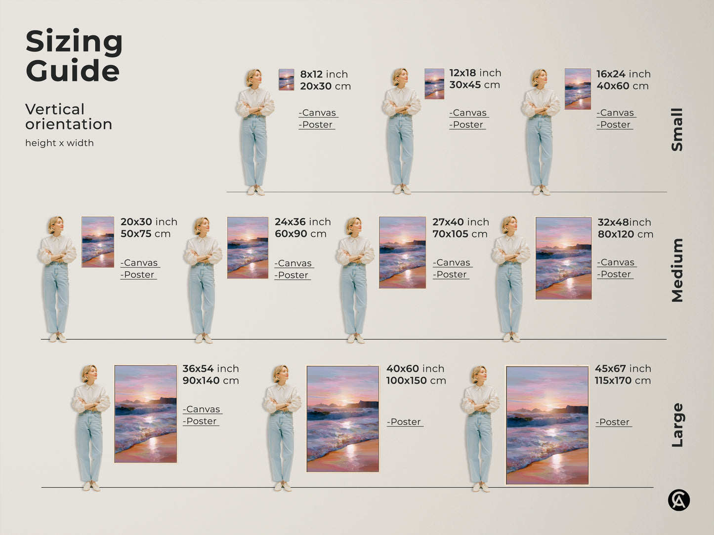Visualize the sizing guide for ocean sunset canvas and poster art. Vertical orientation options include small medium and large sizes. Select the perfect coastal landscape print. Transform your living space with beach waves painting. Enhance your home decor canvas.