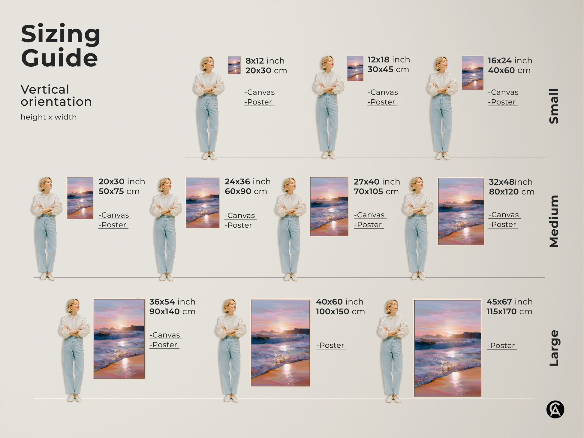 Visualize the sizing guide for ocean sunset canvas and poster art. Vertical orientation options include small medium and large sizes. Select the perfect coastal landscape print. Transform your living space with beach waves painting. Enhance your home decor canvas.